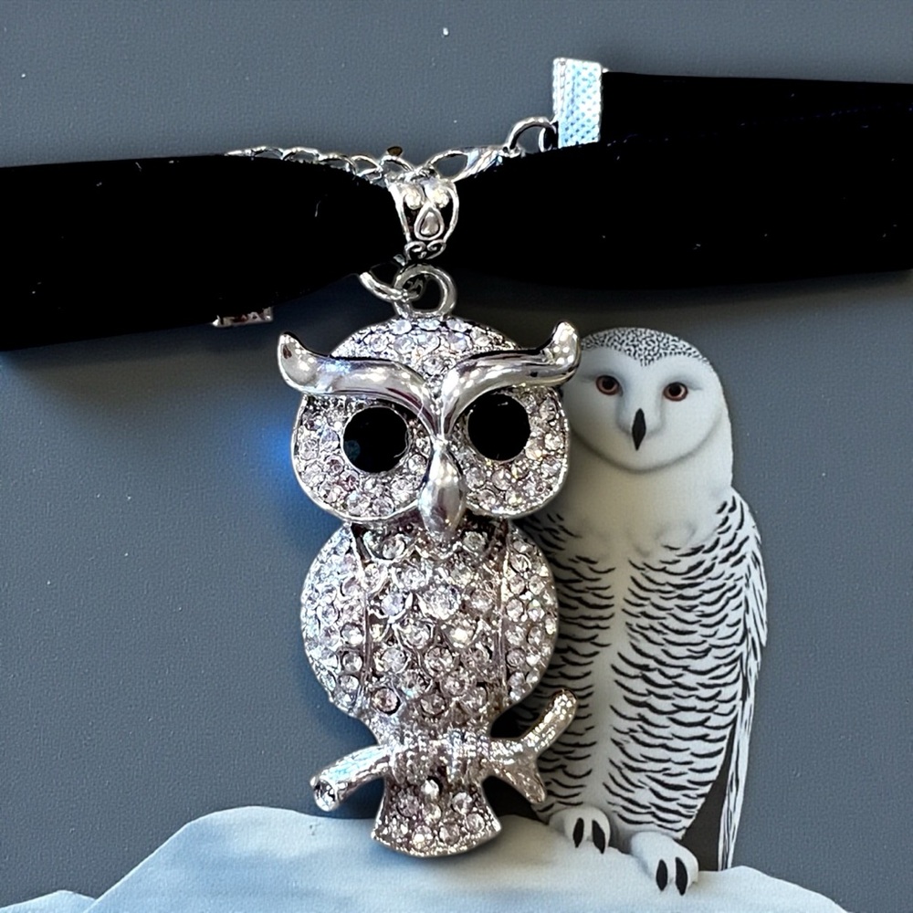 Vintage 80’s Rhinestone Owl Pendant Necklace Velvet Choker - Picture 5 of 17